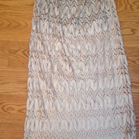 SANS SOUCI STRAPLESS SHEER LACE MAXI DRESS WOMENS S BEIGE LINED POLYESTER BOHO - Picture 10 of 12